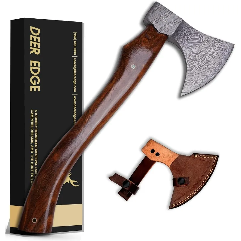 

Handmade Damascus Axe with Sheath – Viking Style Hatchet with Curved Wooden Handle for Camping, Chopping & Display