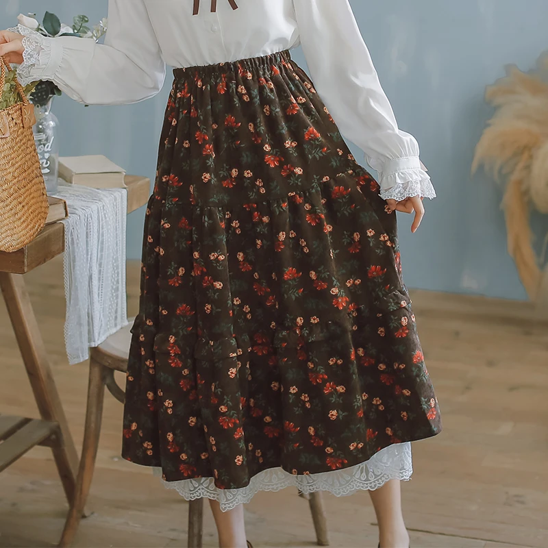 

Japanese Girl Casual Midi Skirts Y2K High Waist Brown Floral Long Skirt Women Vintage Elegant A-Line Corduroy Skirts Female 2024