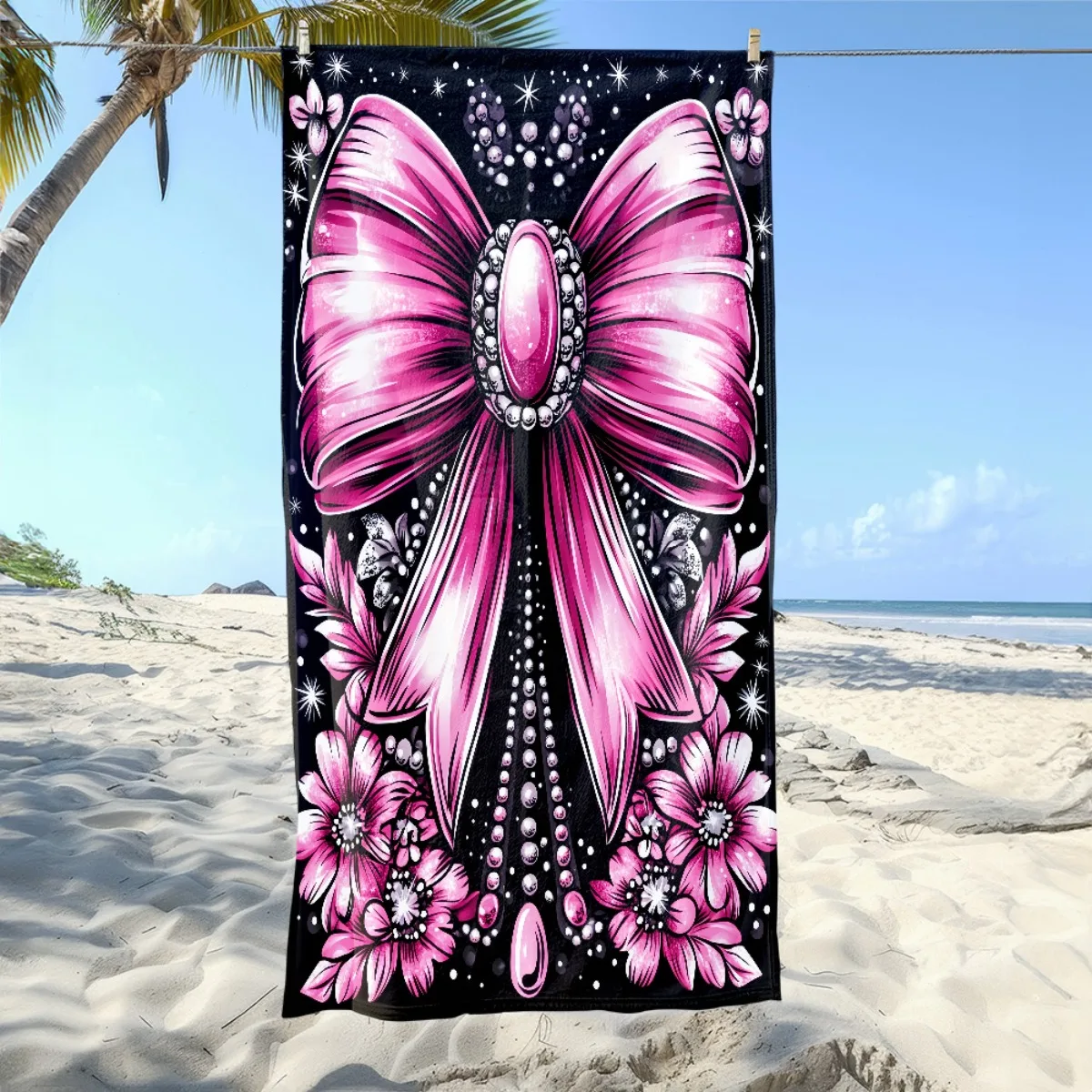 Pink bowknot design pattern polyester microfiber beach towel is highly absorbent, suitable for swimming and beach outings