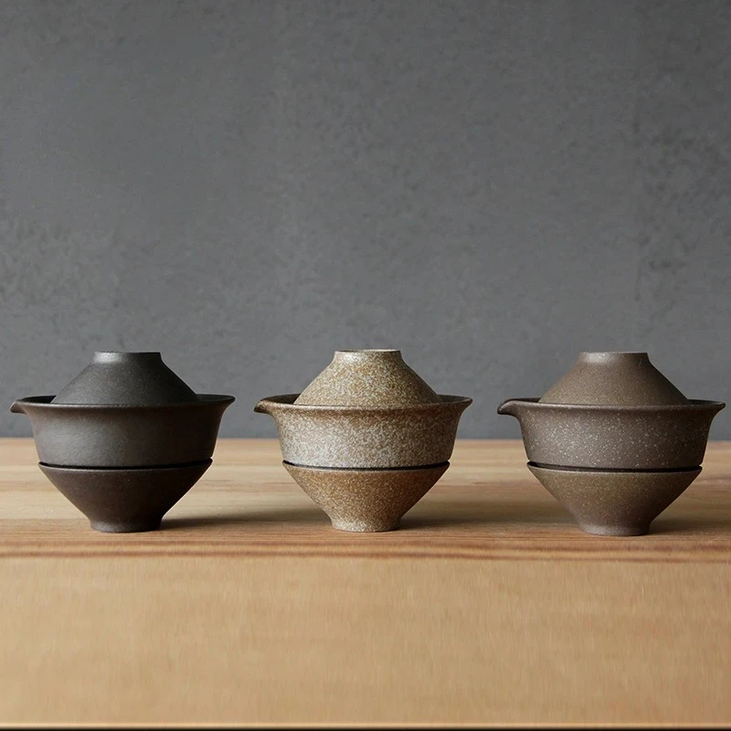 200 ml japanische Keramik-Teekanne, Wasserkocher, Teeherstellung, Gaiwan-Teetasse für Puer, 1 Schüssel, 2 Tassen, Tee-Set, Retro-Trinkgeschirr aus roher Keramik