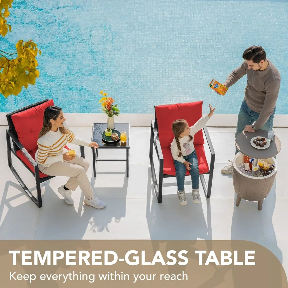3-Piece Wicker Outdoor Rocking Bistro Set with Glass Top Coffee Table, Red Patio Furniture Conversation Area