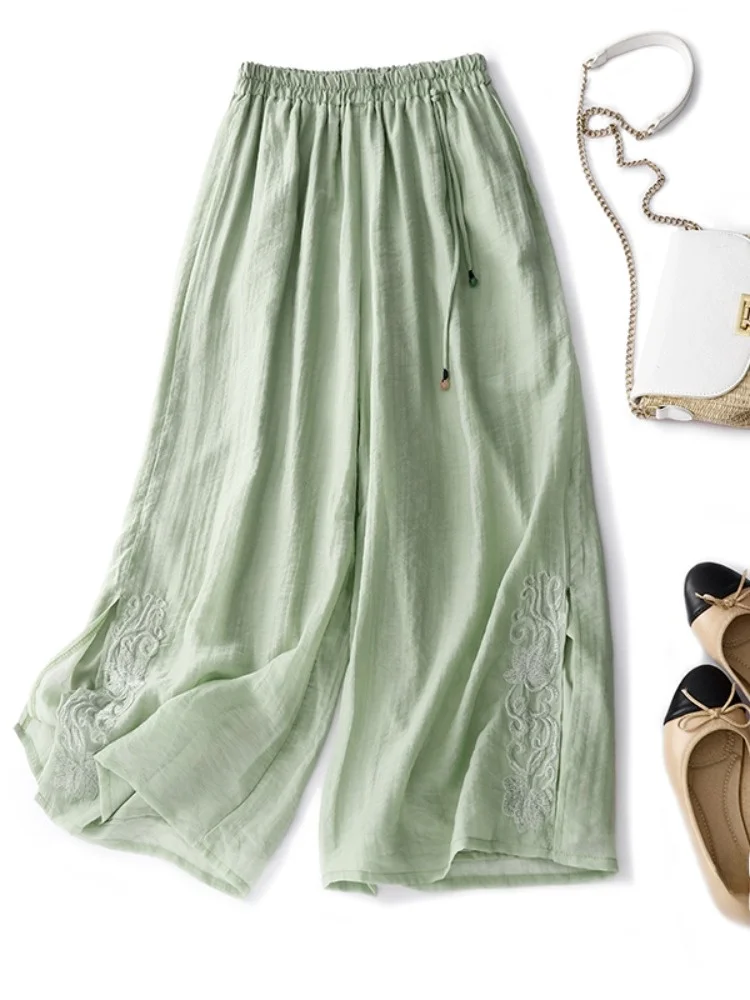 

Японские двухслойные широкие брюки, юбка, женские модные длинные брюки с разрезом, длинные брюки с большой ногой, тонкая вышивка