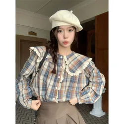 British Retro Style Plaid Shirts for Women Autumn Mori System Sweet Lace Doll Collar Female Blouse Loose Girls Long-sleeved Tops