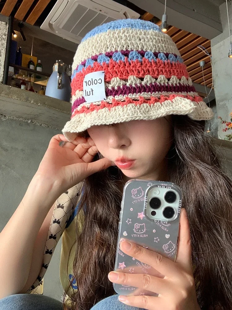 Women\'s Crochet Flower Bucket Hat Handmade Knitted Fishermen Cap Floppy Panama Caps Outdoor Foldable Sunscreen Hat Femme Sun Bob