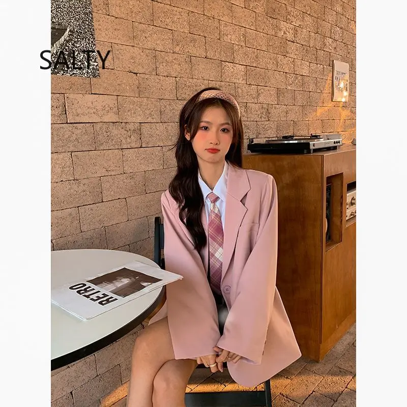 Nuevo 2025 Blazer rosa para mujer, chaqueta holgada coreana para estudiantes, Blazers elegantes lisos para oficina para mujer