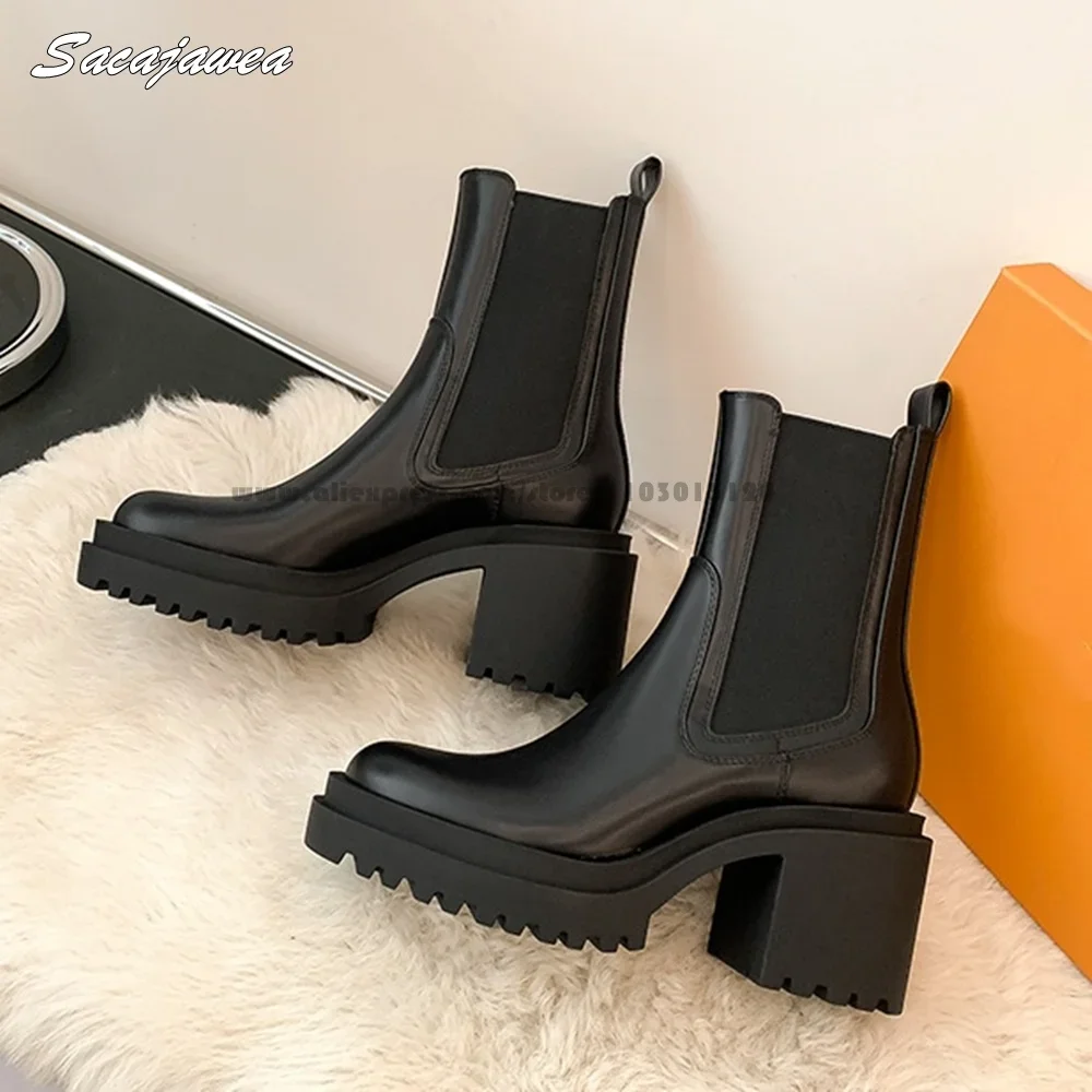 

Cow Split Leather 8CM Heel Elastic Chelsea Boots Size 35-40 All-Match Chunky Heel Casual Boots Round Toe Platform Chimney Boots