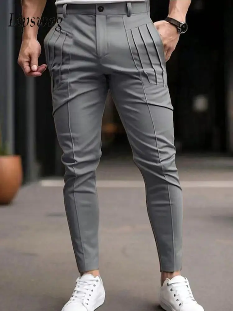 Vintage Pleated Elastic Slim Pencil Pants Men Spring Autumn Sports Casual Solid Color Trousers Mens Stylish Bottoms Streetwear