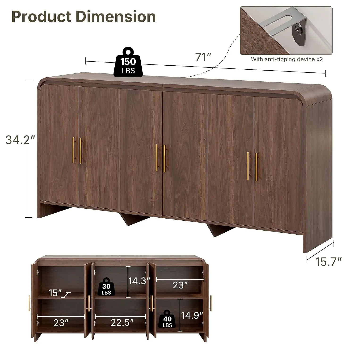 71 Inch Modern Sideboard Buffet With Large Storage 6 Doors Walnut, Customized
