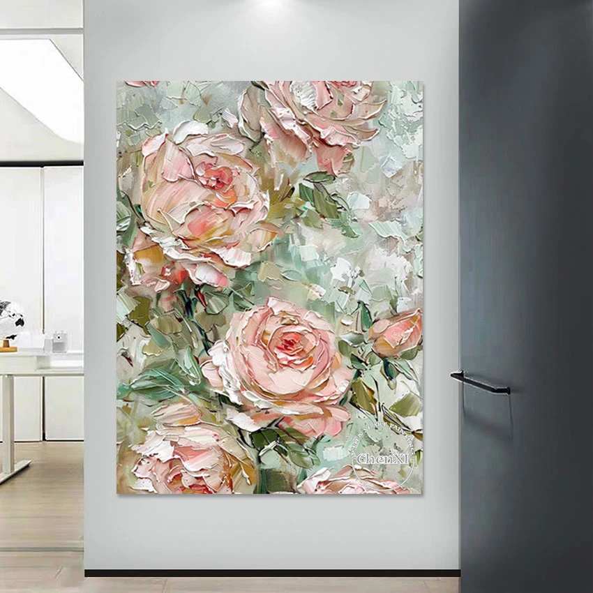 Modern New Arrival Abstract Palette Knife Roses Flowers Oil Painting Large Luxury Texture Acrylic Art For Home Showpieces