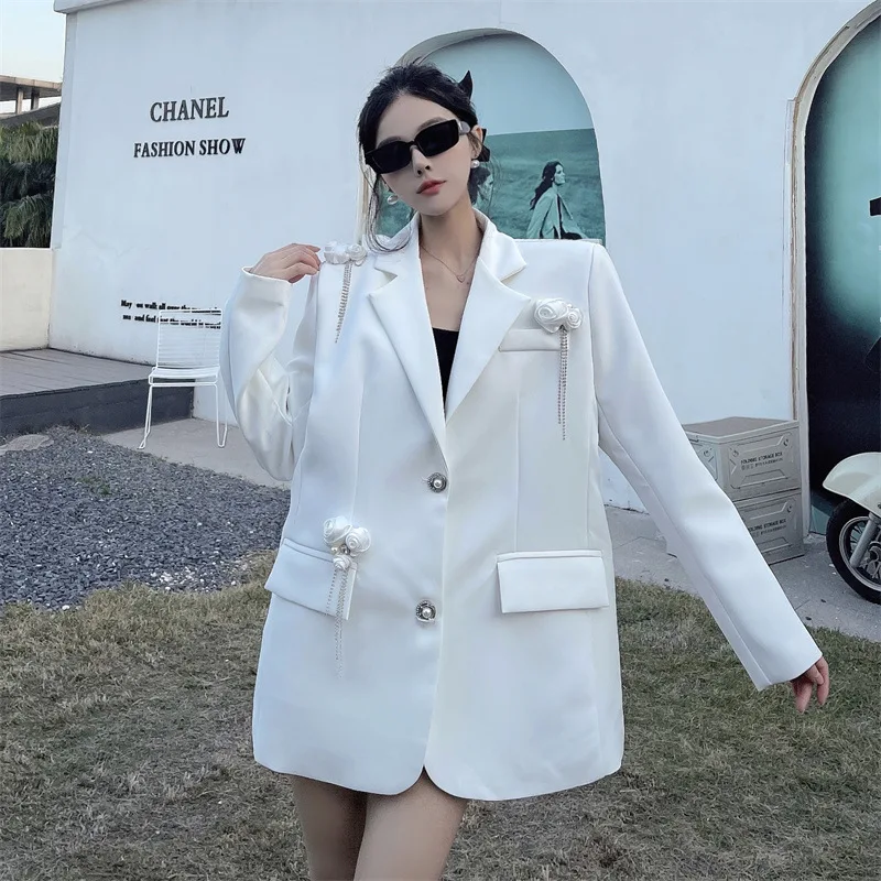 White Oversized Blazer Women 3D Stereoscopic Rose Flower Pearl Tassel Nail Bead Decor Long Sleeve Casual Suit Jacket Fashion Ele