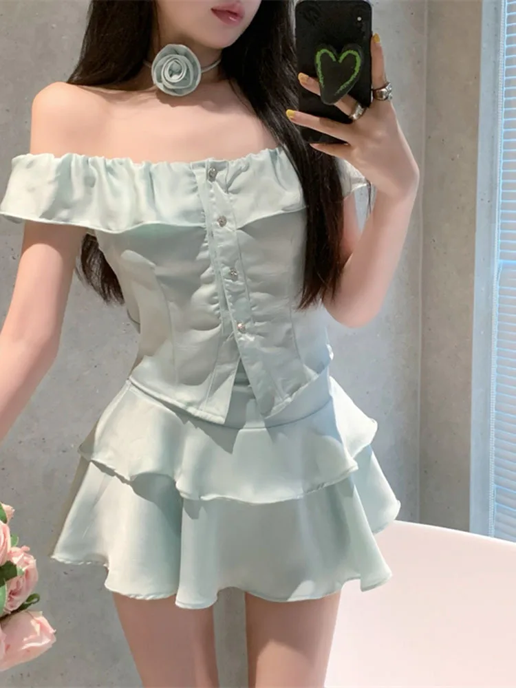 

Summer 2024 Japanese 2 Piece Skirt Set Women Off-the-Shoulder Sexy Y2k Crop Top Slim Fit Ruffle Y2k Mini Skirt Chiffon Korean