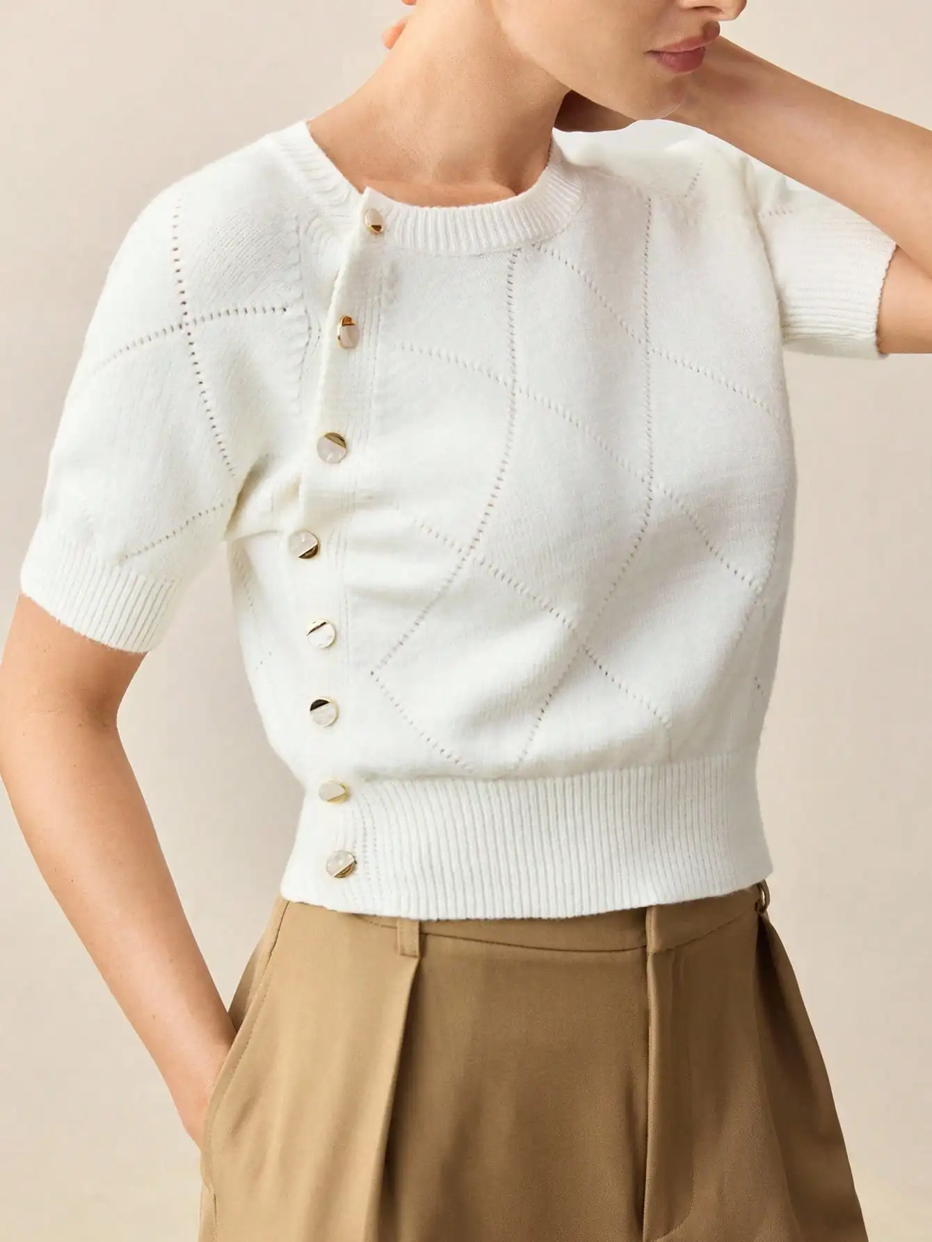 

Women's White Short Sleeve Knit Top with Pearl Buttons, Round Neck, Diamond Stitch, for Office, Wedding Guest & Casual Wear