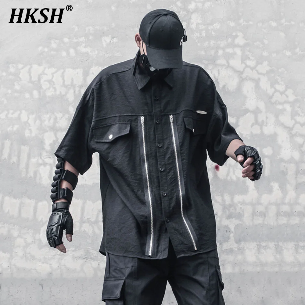 

HKSH Summer New Tide Men's Dark Themed Tactical Zipper Shirts Splicing Original Design Niche Shirt Short Sleeve Trend Top HK2169