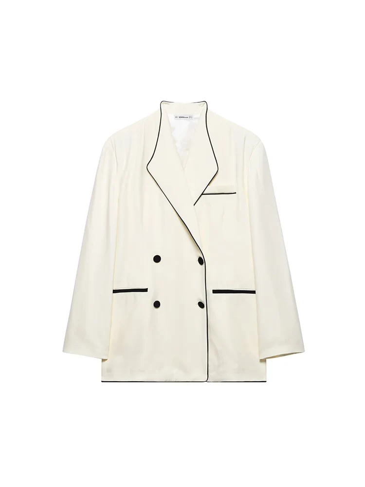 

KUCLUT Women Fashion White Double Breasted Blazer Vintage Notched Neck Long Sleeves Female Chic Lady Outfits