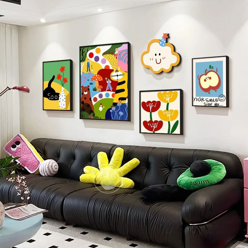 Cream wind living room decorative painting dopamine sofa background wall hanging painting abstract cartoon bedroom combination