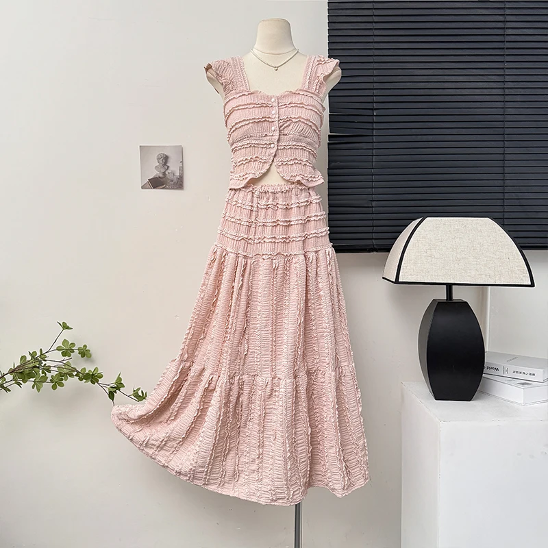 2025 nuevo verano mujeres de un solo pecho Mini camisola + cintura elástica una línea falda larga 2 uds conjunto trajes estilo playa