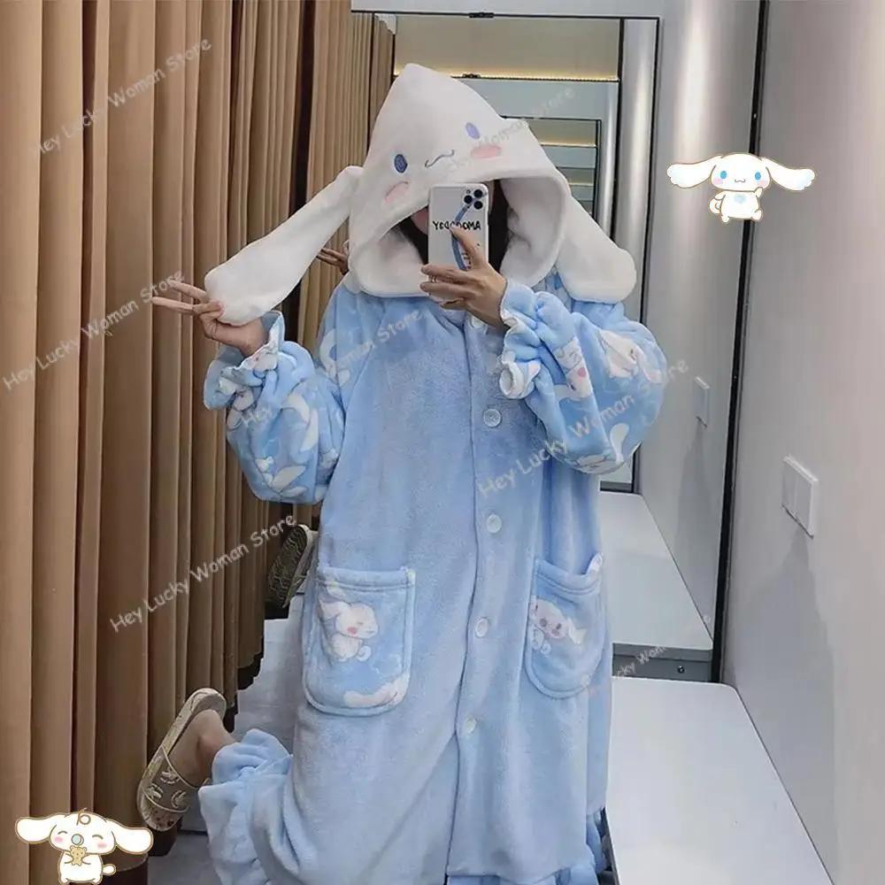 Kawaii Sanrio Night-Robe Cinnamoroll Autumn Wintertime Plush Loungewear Women's Pajamas Robe Hooded Cute Pajamas Plush Nightgown