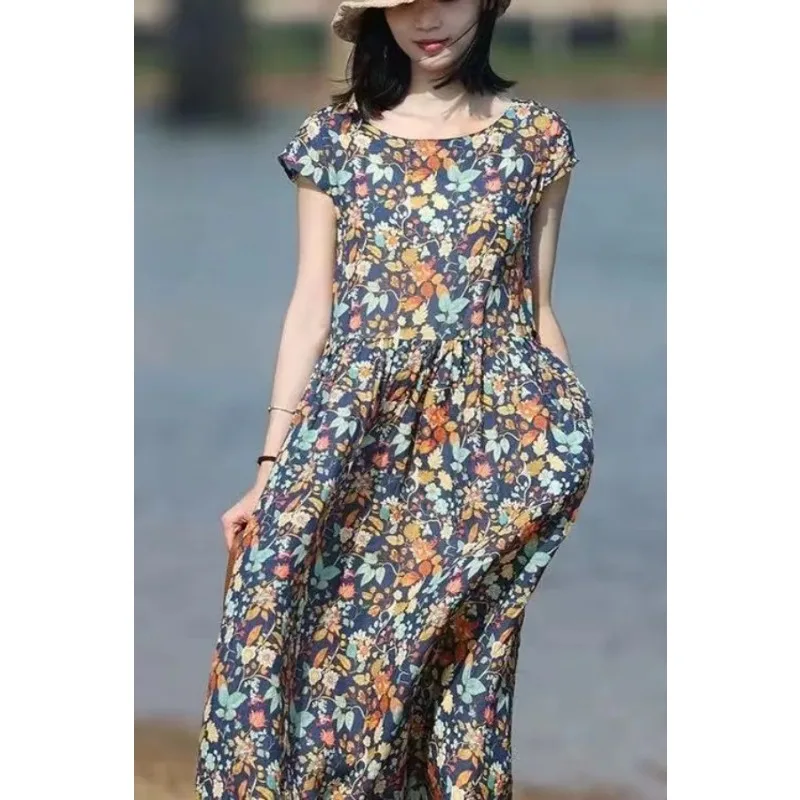 

Женское льняное макси-платье с цветочным принтом, коротким рукавом, круглым вырезом, карманами, в повседневном богемном стиле, летнее длинное платье