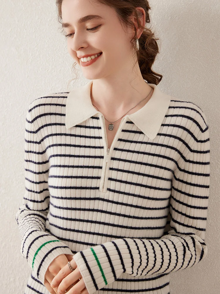Gola polo feminina macio quente preto branco listrado pulôver 100% camisola de caxemira outono inverno simples moda roupas topos