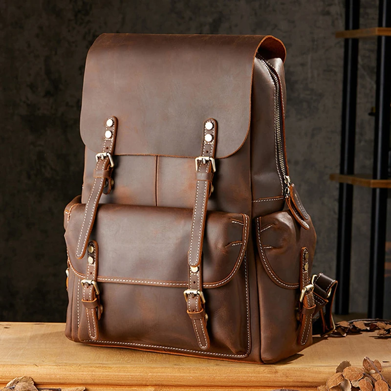 Vintage Genuine Leather Backpack Men Hiking Bagpack Bag Large Travel Backpack School Bag L5.6
