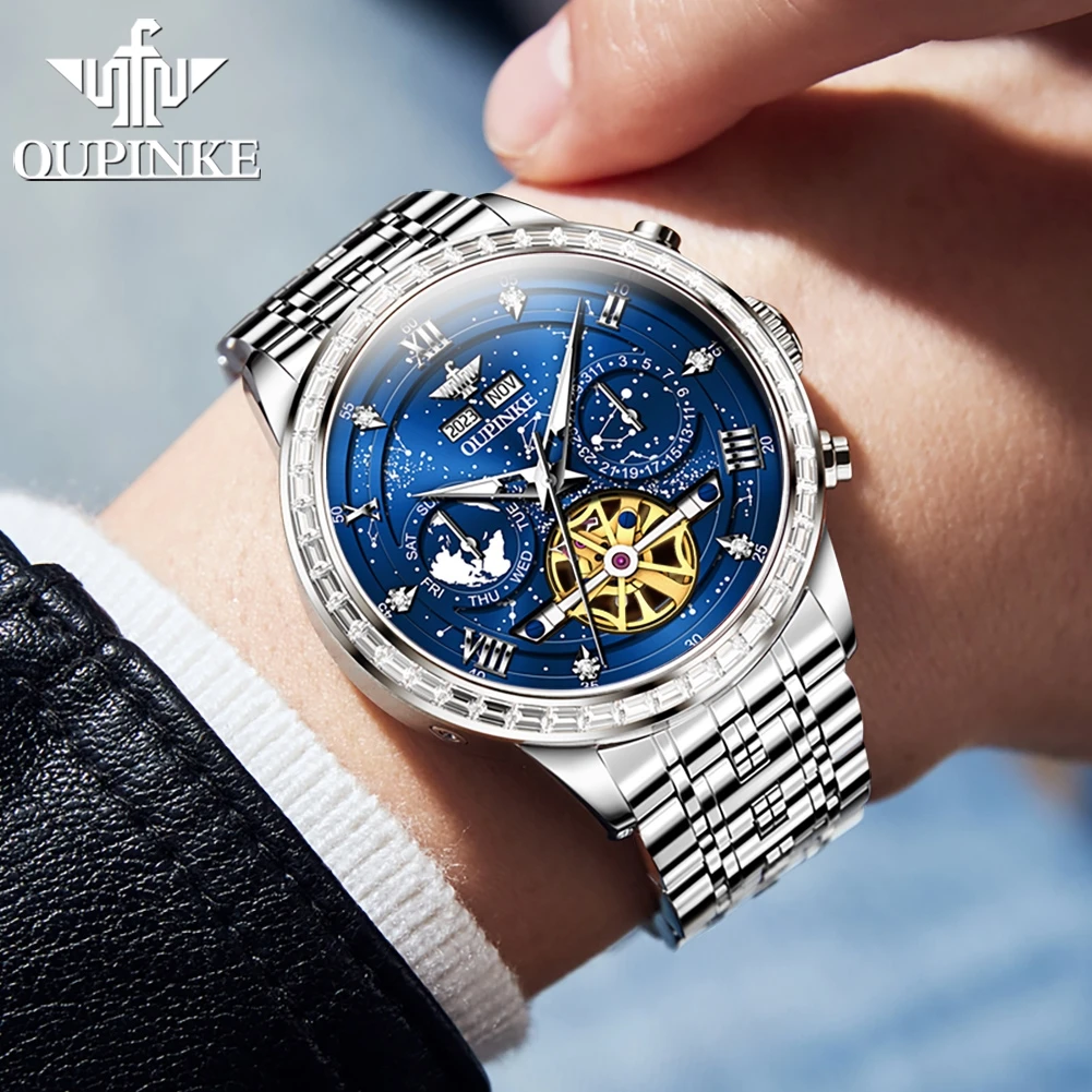 OUPINKE 3255 Nuevo reloj para hombre de alta calidad Reloj mecánico automático Sky de lujo ﻿   Caja de regalo de relojes de acero de tungsteno resistente al agua de 50M