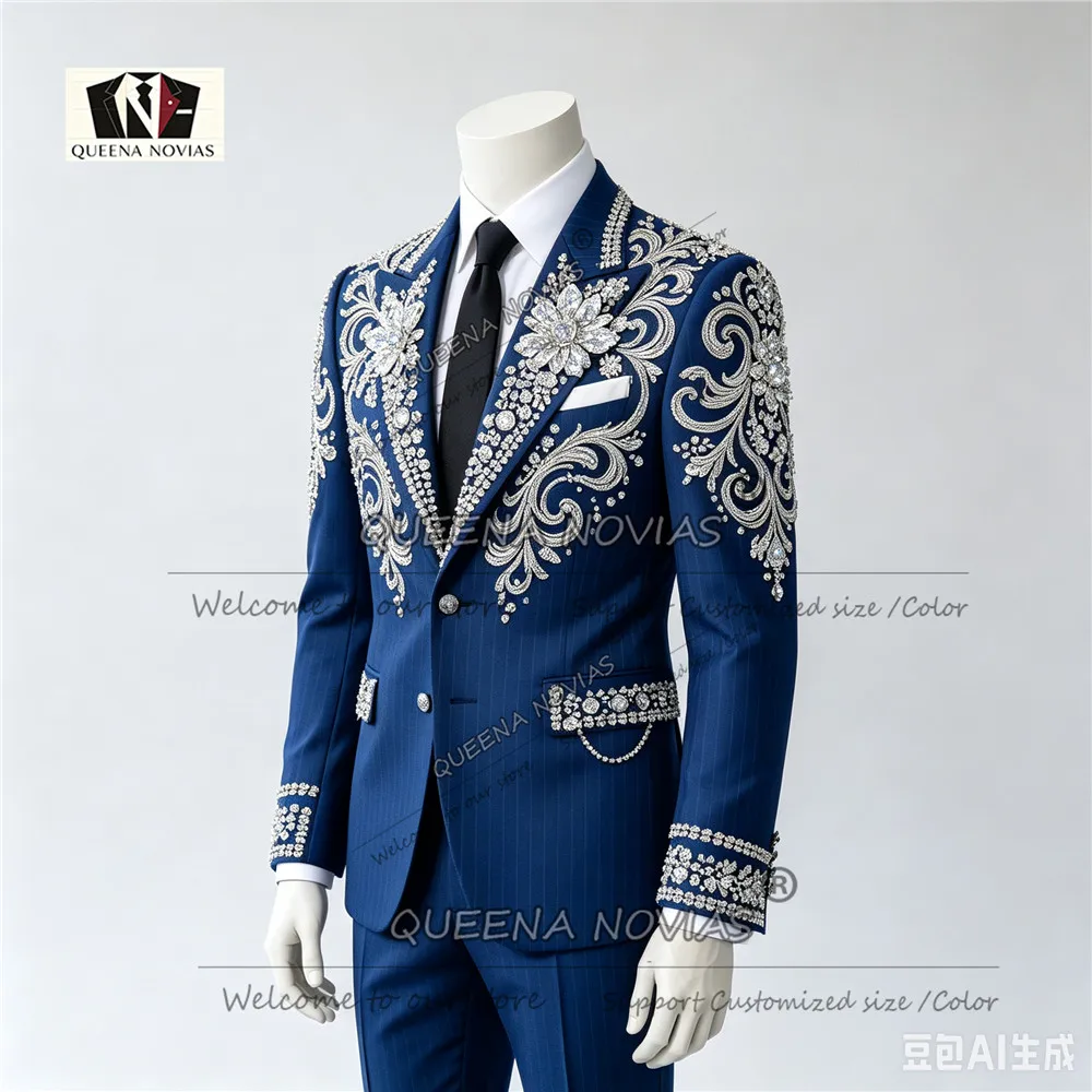 Customized Vertical Striped Suits Men For Wedding Rhinestone Beaded Jacket Pants 2 Pieces Sets Groom Tuxedo Attires Ropa Hombre
