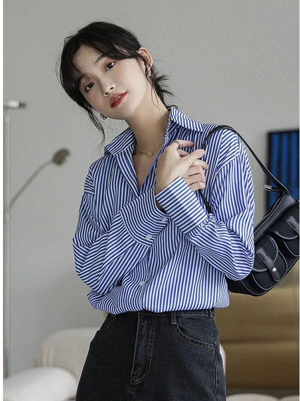 

Синий полосатый длинный женский топ на весну-осень 2026: Новинка, роскошный винтажный стиль, комфортный, дышащий, в корейском стиле