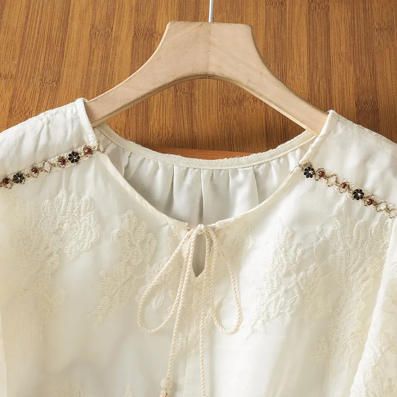 Harajuku Vintage Cream Beige Lace Embroidered Blouse Tassel Tie Neck 3/4 Sleeve Casual Summer Boho Top Countryside Garden Wear