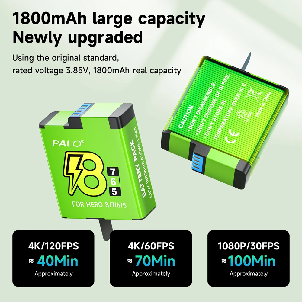 For GoPro 8 7 Hero 6 5 Battery Pack + 3 Slots LED Type C Charging Charger Card Storage Box for Go Pro 8 7 1800mAh Camera Bateria