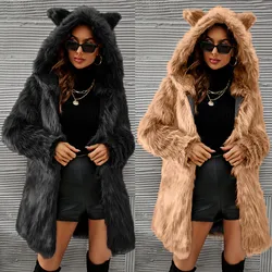 Faux Fur Coats Women'S Hooded Cat Ear Cap Coat Winter Warm Puffy Jacket Fluffy Plush Cute Hoodies Jackets For Women Chaquetas