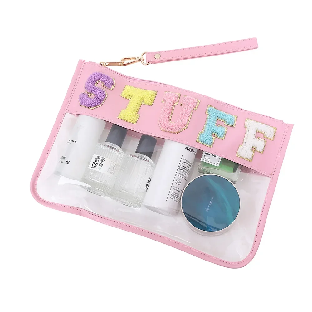 

PVC Clear Letter Wash Cosmetic Bag Travel Snack Bag Clear Letter Embroidered Bag for Travel Beach Portable Toilet Storage