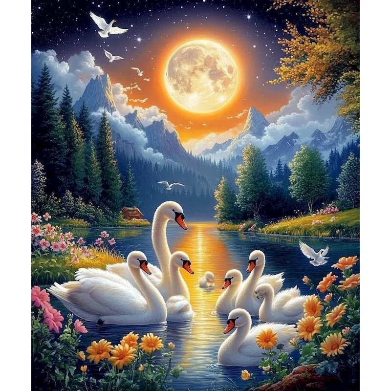 

SDOYUNO Diamond Painting Moon Landscape Cross Stitch Diamond Embroidery Swan Beaded Painting Full Square Drill Embroidery