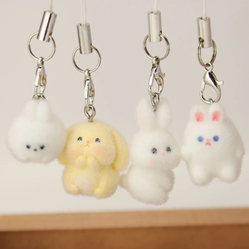 Cute Flocking Rabbit Keychain Bunny Couple Mobile Phone Pendant Car Keyring Earphone Backpack Charms Bag Decor