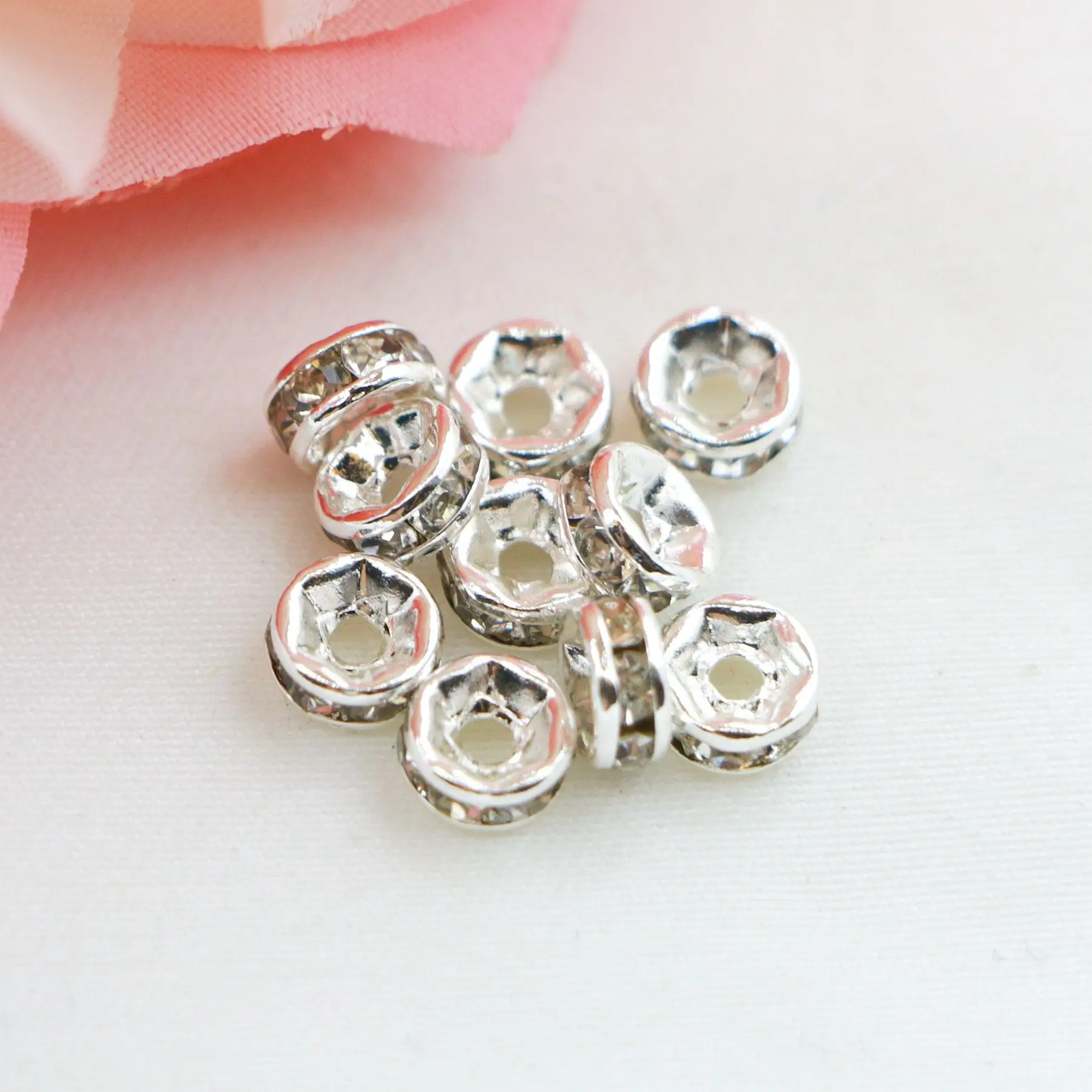 6/8mm 100pcs/bag Silvery Golden Necklace Bracelet Spacer Beads DIY Alloy Crystal Rhinestone Rondelle Beads Jewelry Making