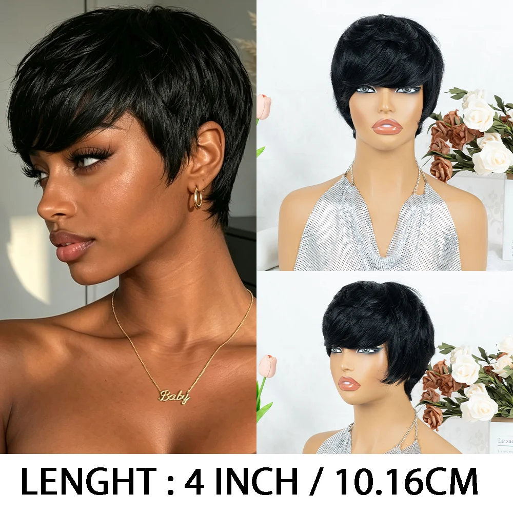Pixie Cut Wig Human Hair, 6-inch Short Bob Straight Layered Wigs for Women Full Machine-Made Wigs with Bangs, Natural Black Color