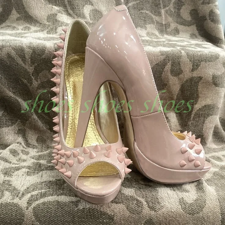 Women's Nude Patent Studded Platform Peep Toe Heels Metallic Pu Nude Sexy Night Club Shoes Stiletto Heel Sandals Footwear Size