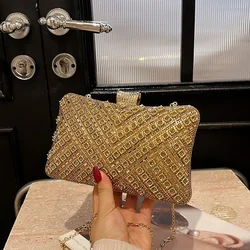 Vintage Style Beading Women Evening Bags Rhinestones Golden Metal Chain Shoulder Clutch Bag Shoulder Chain Lady Luxury Glitter H