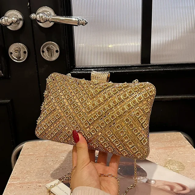 Styl Vintage frezowanie damskie torebki wieczorowe dżetów złoty metalowy łańcuszek kopertówka na ramię łańcuszek na ramię pani luksusowy brokat H