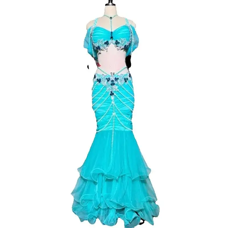 BellyDance Set Dames Aangepaste Luxe Strass Bh + Prachtige Parel Fishtail Rok 2 Stuks Oosterse Dansvoorstelling Kleding