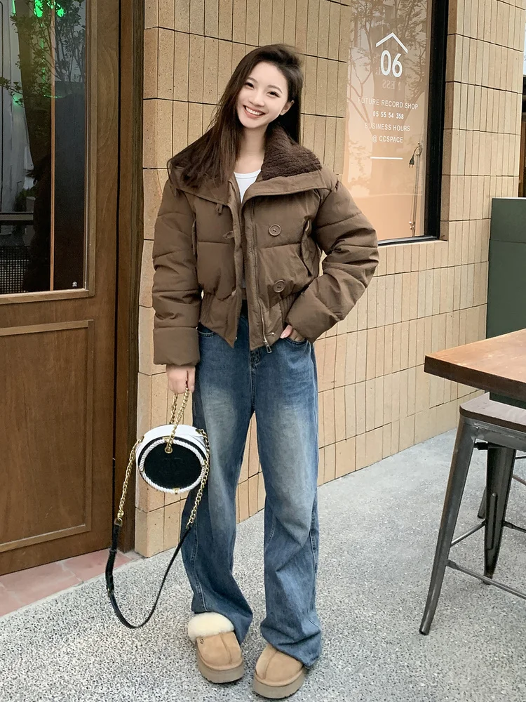 2023 Autumn Winter Women Cotton Jacket Retro British Style Large Lapel Loose White Casual Warm Short Coat