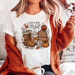 Just Girl Who Loves Fall Printed Shirt Women Thanksgiving Halloween Party T-shirt Famale Autumn Holiday Outfit Short Sleeve Tee