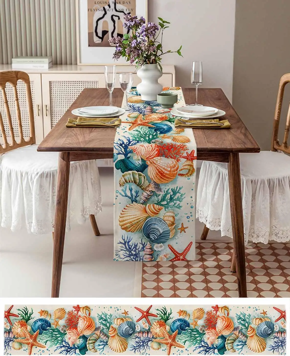 Summer Ocean Starfish Shell Linen Table Runner, Washable, Kitchen & Dining Table Runner Decor