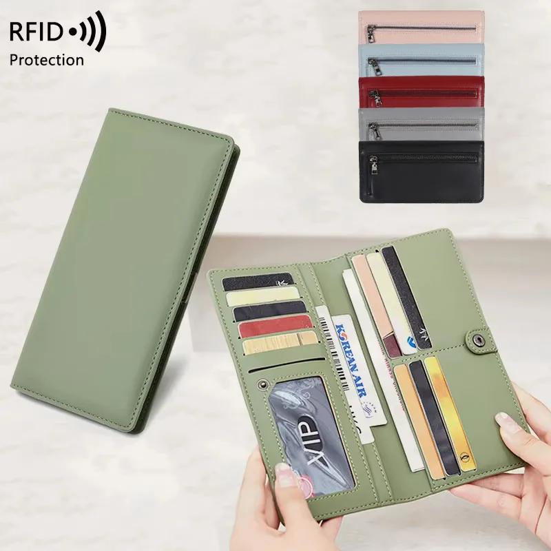 Cartera ultrafina con bloqueo RFID para mujer, bolso para tarjetas de crédito con múltiples tarjetas, hebilla de cremallera multifuncional, cartera larga de moda