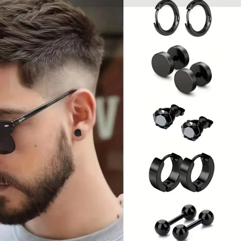 5 Pairs/Set Round Disc Stud Earrings Coil Fashion Earring Combo Stainless Steel Hip-Hop Earrings Set for Men and Women