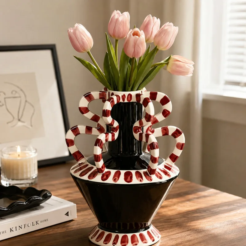 Artistic Resin Hand Painted Vase With Handle Vintage Home Tabletop Decorative Flower Pot For Living Room Entryway Ornament