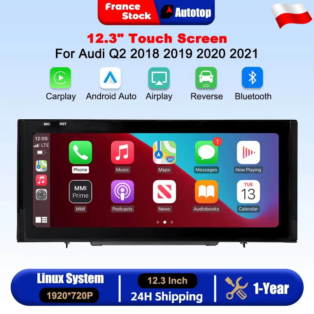 Écran tactile sans fil CarPlay Android Auto de 12,3 pouces pour Audi Q2 2018 2019 2020 2021 avec écran d'origine, systèmes intelligents de voiture, radio multimédia intelligente avec Bluetooth, navigation GPS, Autolink, Navi, Mirror Link, AirPlay.
