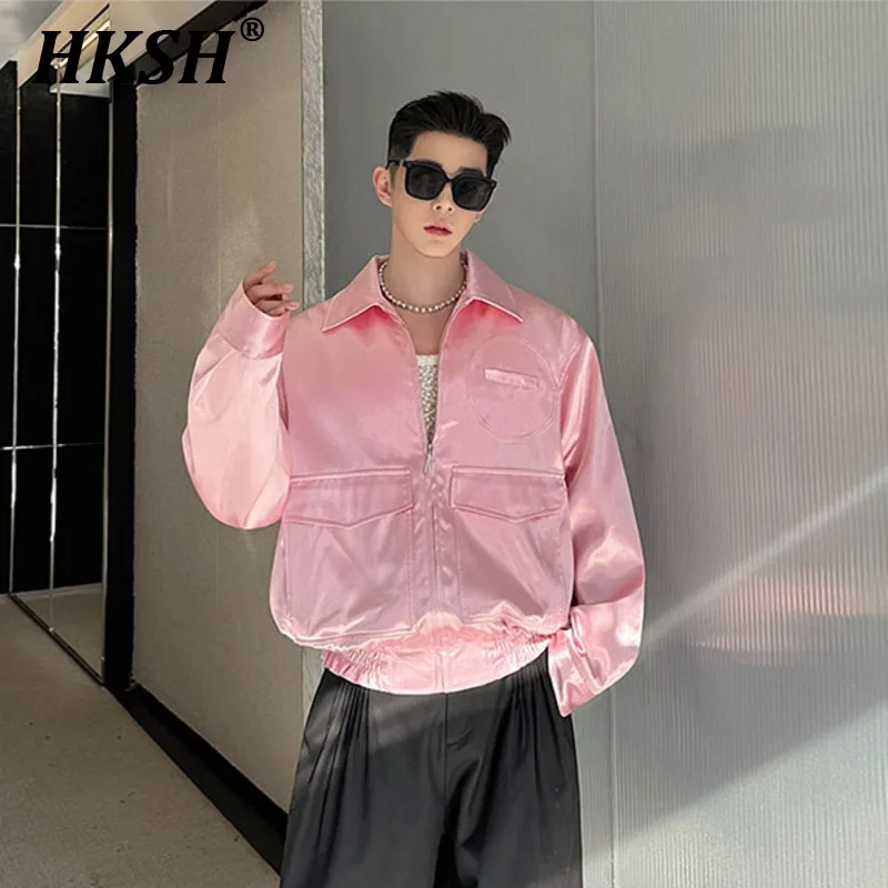 HKSH Spring Autumn New Korean Imitation Acetic Acid Satin Vertical Cut Versatile Zipper Jacket Men's Tide Chic Coat Women HK0347