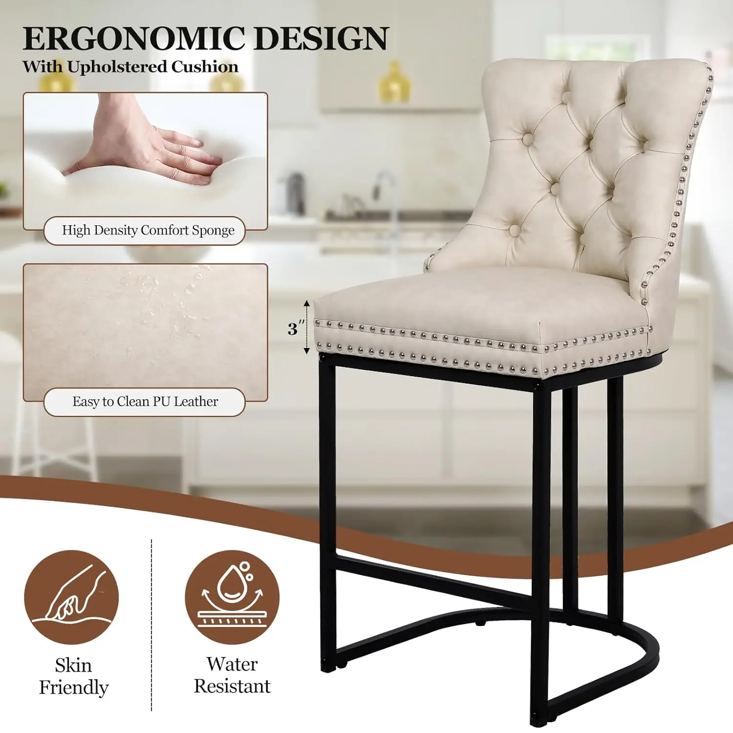 مجموعة مقاعد بار بارتفاع عداد مكونة من 4 قطع، مقاعد بار حديثة مقاس 26 بوصة مع ظهر، كراسي منجدة من الجلد الصناعي بأرجل معدنية