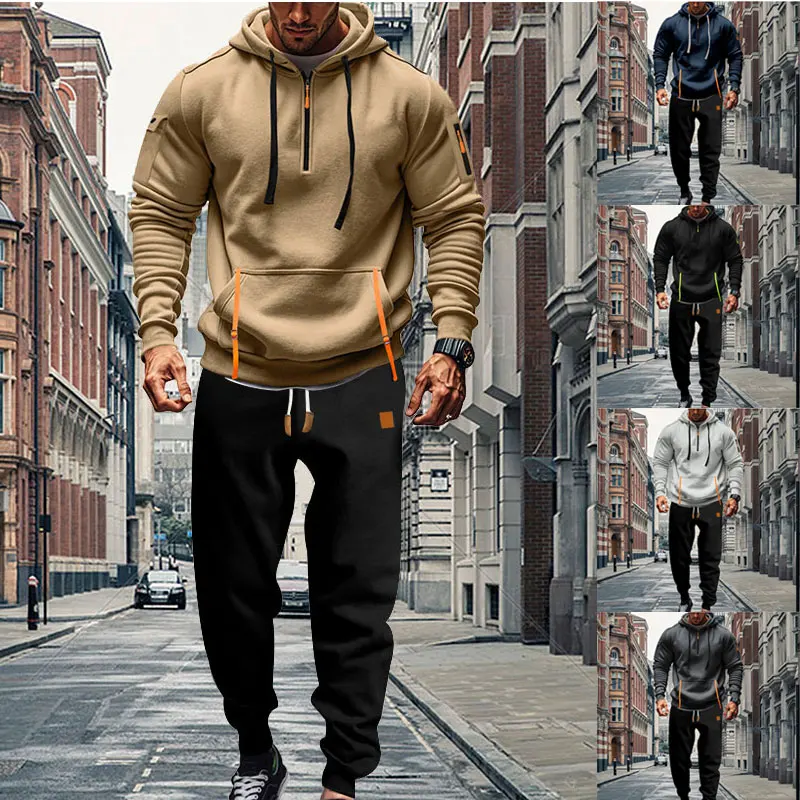 Autumn And Winter New Men\'s Suit Plus Fleece Warm Men\'s Clothing Zipper Pocket Hoodie And Sweatpants Outdoor Leisure Sports Suit