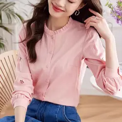 French Style Fungus Edge Stand Up Collar Pure Cotton Shirt for Women's Spring Autumn Embroidered Long Sleeved Casual Chic Top